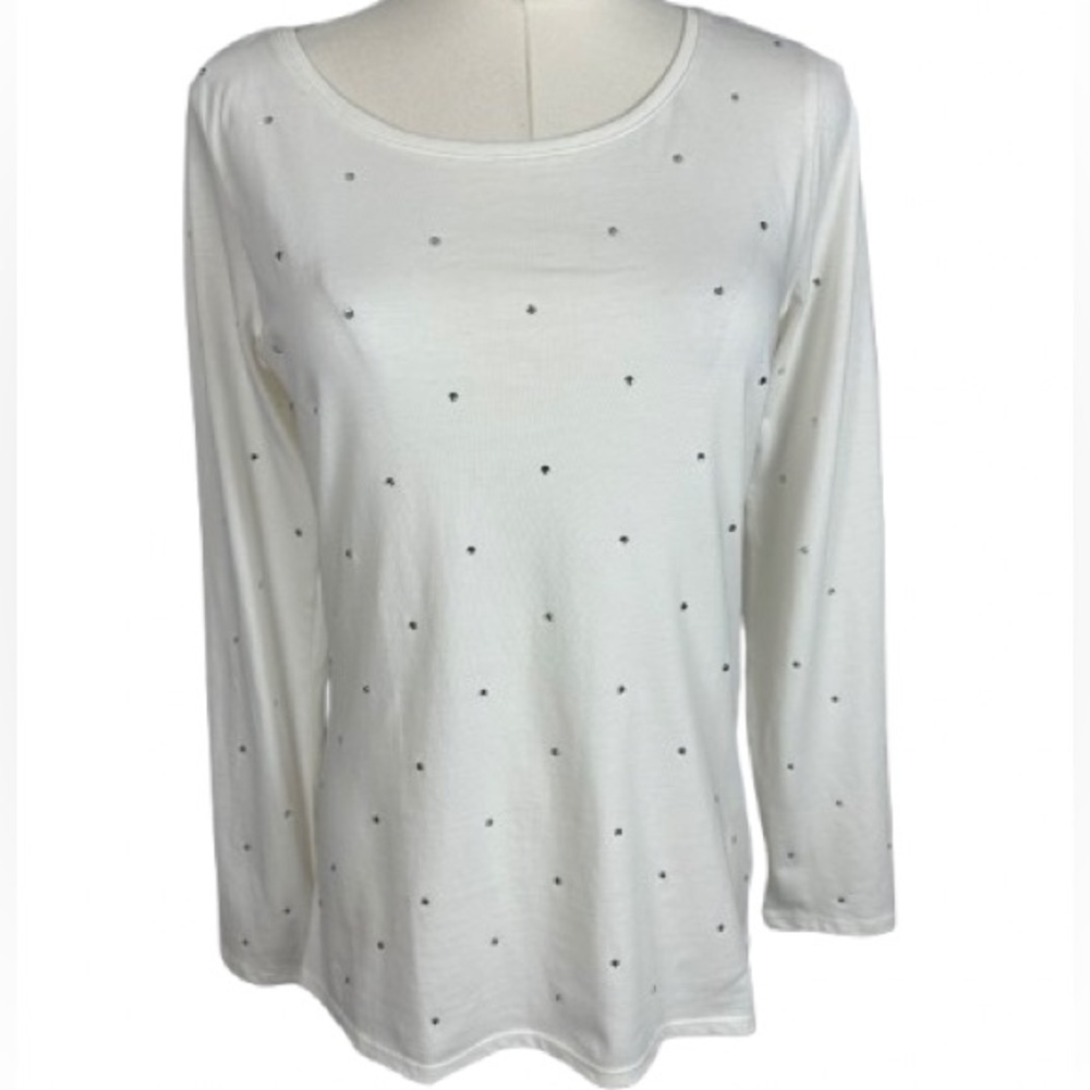 WHBM White Long-Sleeve Tee with Subtle Rhinestone Stud Detail Size XS